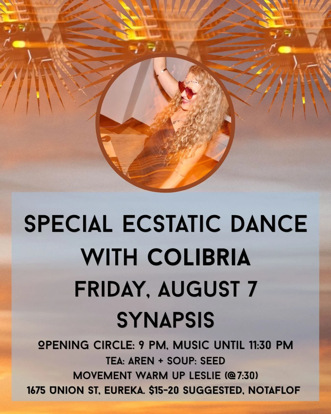 Special ecstatic dance next Friday at Synapsis with visiting dj Colibria 
August 7 
Music starts just after opening circle 9pm
++++NOTE Later start!!!
$15-$20 suggested, no on turned away for lack of funds 💛
Colibria is the latest project from Brian