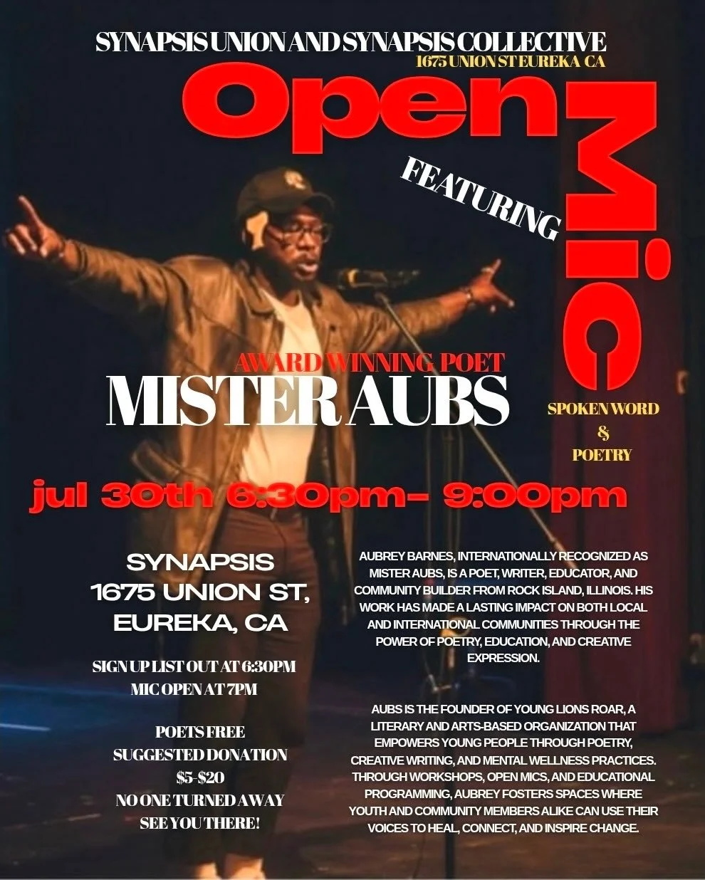 Special guest poet and writing session today, Thursday, at Synapsis! Hosted by the phenomenal Jennifer Be. Poet Mister Aubs!
Class at 5&hellip;Poetry session after!