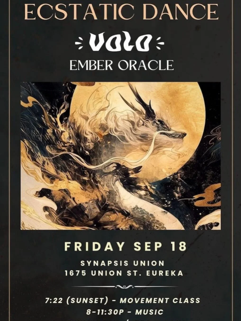 Nearing equinox with a special set by Volo and Ember Oracle
This Friday ecstatic dance!
Movement class at 7:22 with Leslie
Tea and soup 
Incredible deejays begin at 8
Music until late 
$12-$20 no one turned away for lack of funds 💛⭐️💛
Synapsis Unio