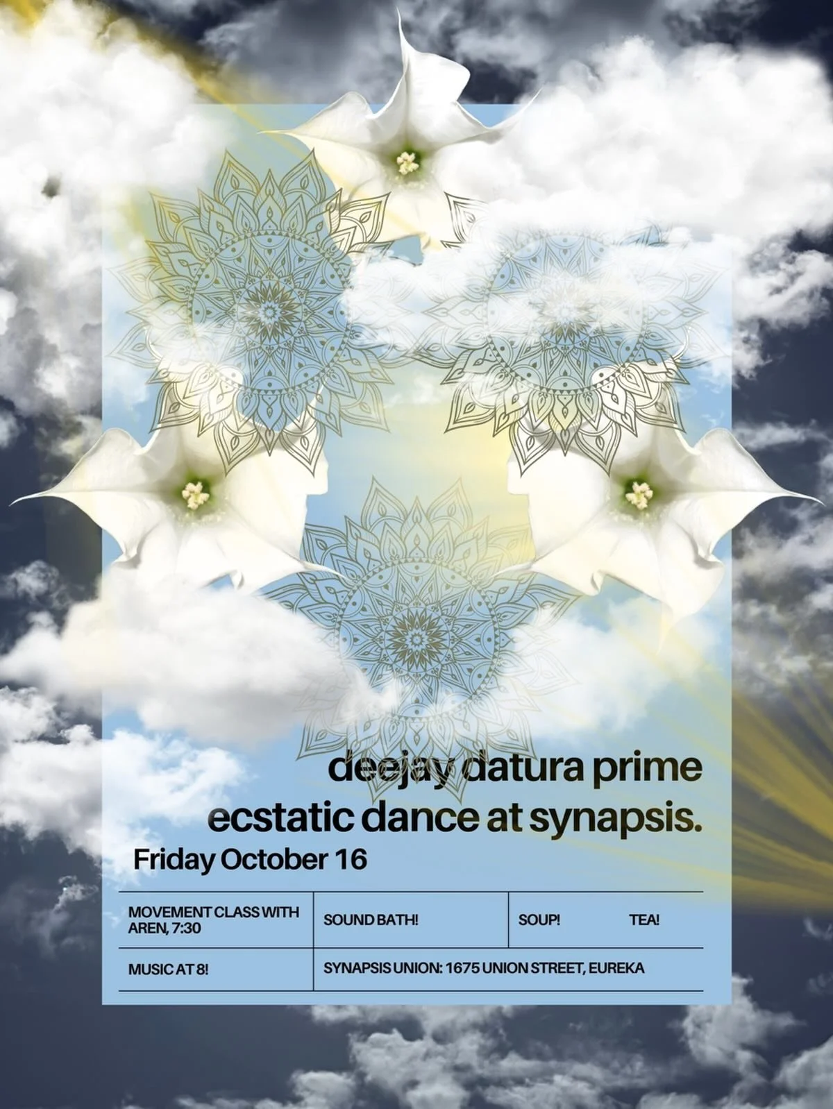 Ecstatic Dance at Synapsis Friday October 16. DJ Datura Prime ✨-Music at 8. Movement class with Aren at 7:30. Soup. Tea. Sound bath.
$12-$25, no one turned away for lack of funds
Synapsis Union is at 1675 Union St, Eureka @datura_prime