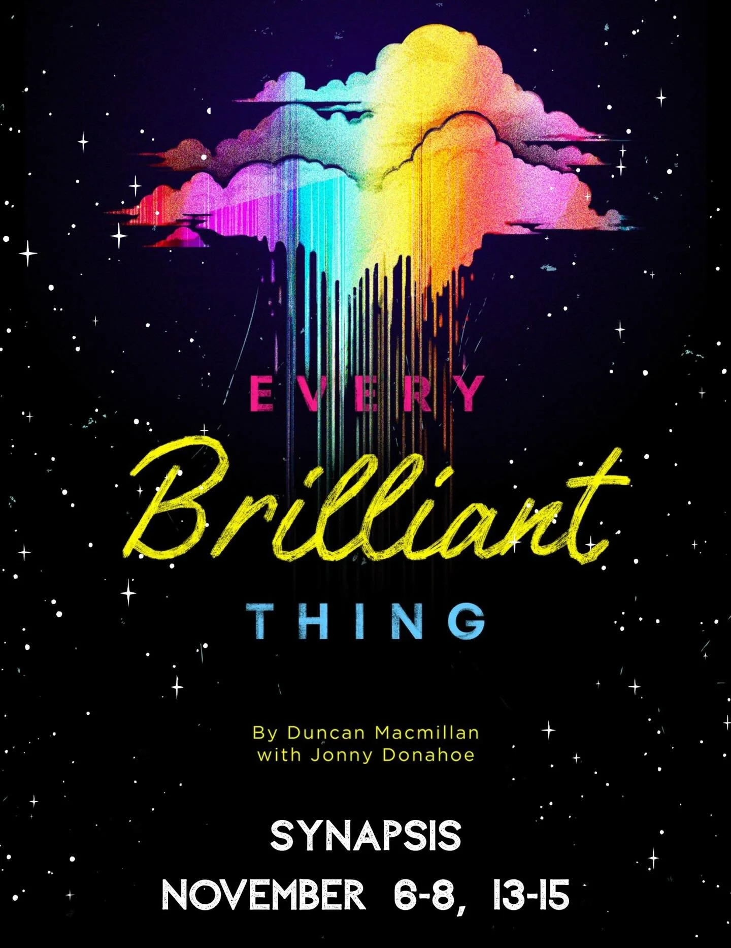 Every Brilliant Thing

Ticket link: https://events.ticketleap.com/tickets/inkpeople/every-brilliant-thing

In this one-of-a-kind audience-engaging show, a man reveals the moments that shaped his life, and the glimmers of hope that carried him through