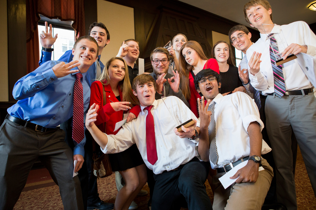Photo by Annie O'Neill. Pictured : The three teams from Bethel Park High School gather to celebrate winning the top three spots in the Spring 2015 Pittsburgh Data Jam. 