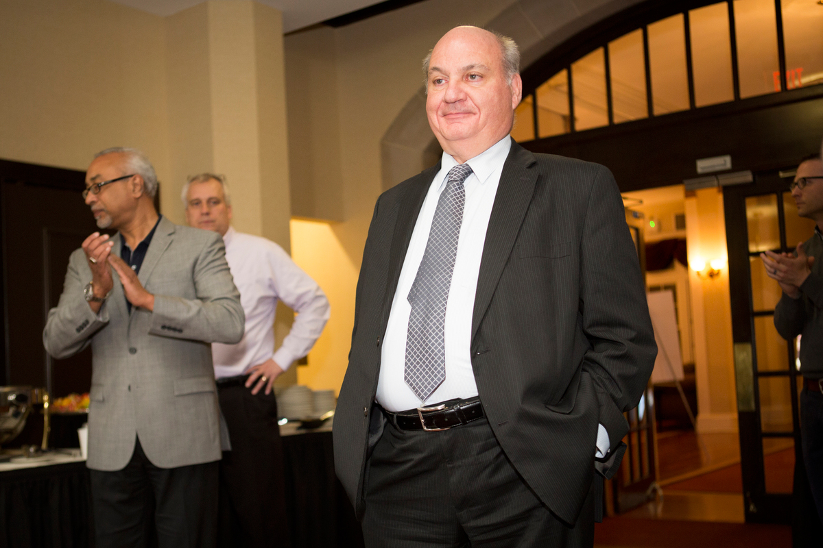 Photo by Annie O'Neill. A round of applause is given for Pittsburgh Penguins Foundation president Dave Soltesz to recognize the Pittsburgh Penguins support of the Data Jam event. 
