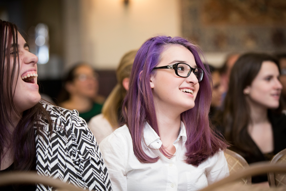 Photo by Annie O'Neill. A Data Jammer in the audience enjoys a lighter moment at the Spring 2015 Pittsburgh Data Jam. 