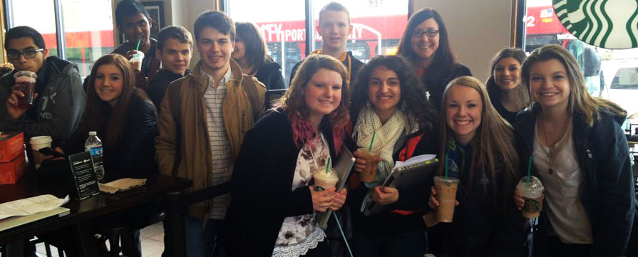 Students at a Starbucks Coffee prior to the Feb. 26, 2016 Student Workshop conducted at Carnegie Mellon University in Pittsburgh's Oakland neighborhood. Photo courtesy of Bethel Park High School. 
