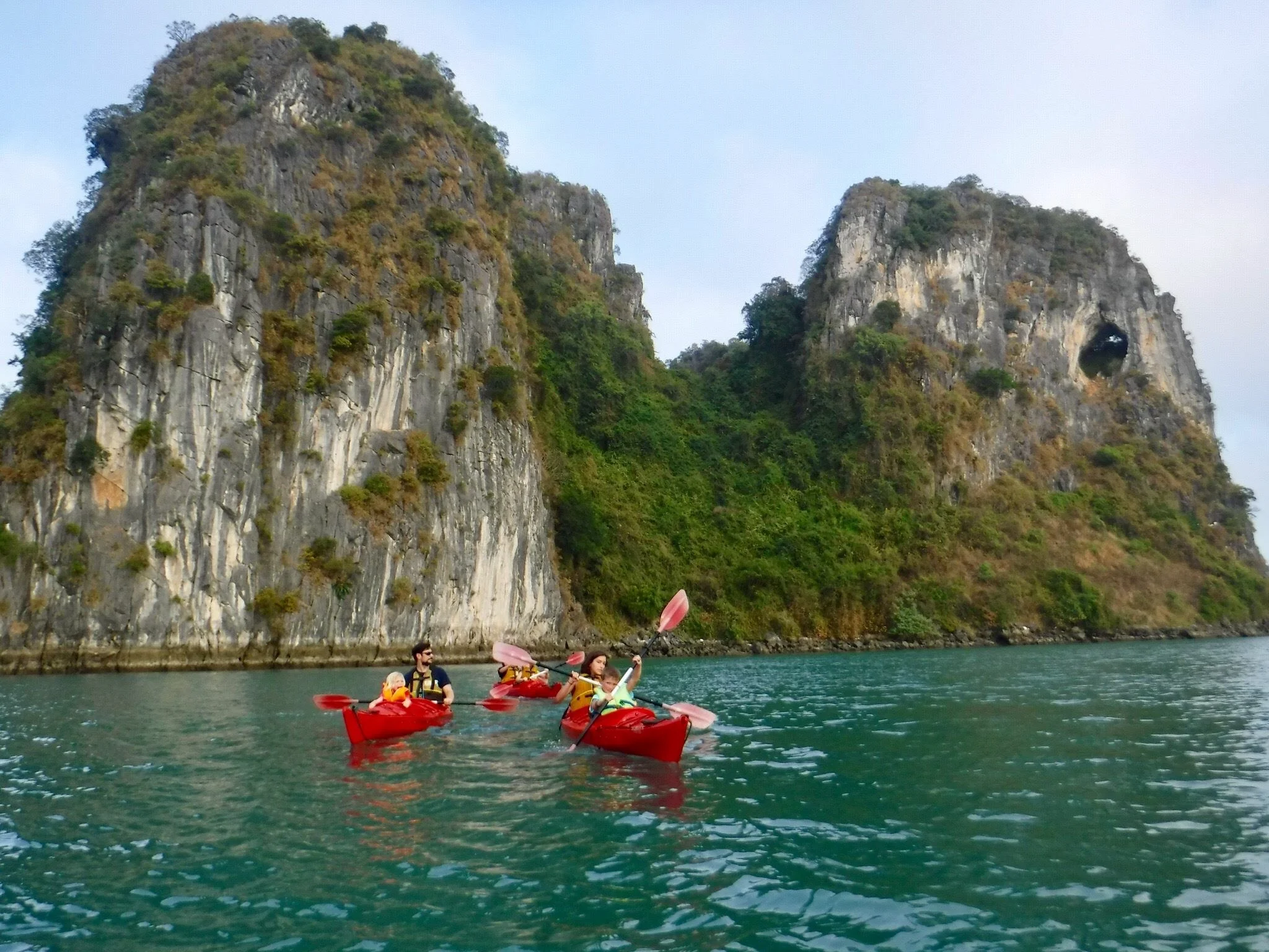 Jon and family kayaking near Elephant Island at the Bai Tu Long Bay World Heritage Site in Vietnam.
