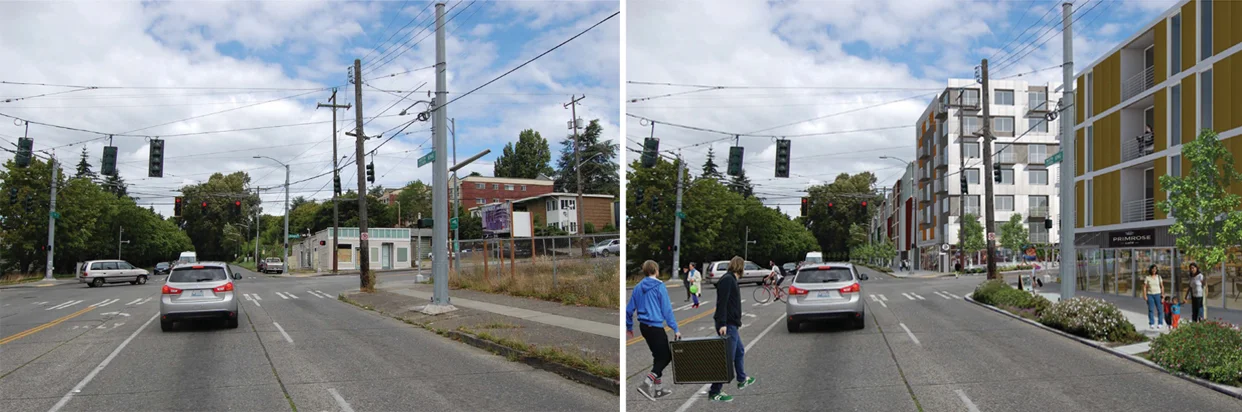 Before and after conceptual image of Mt. Baker Gateway Project in South Seattle – one of the affordable housing cleanup sites that the Healthy Housing program is inspired from.