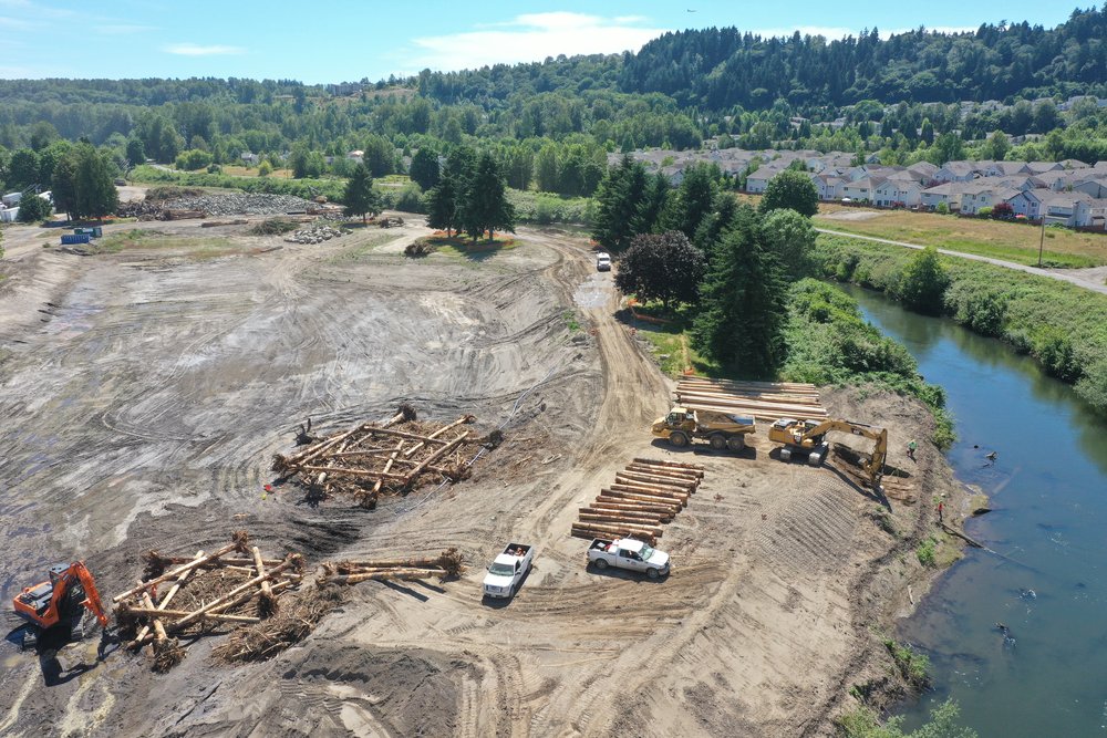   Drone photo during construction of log jams, June 2021. Photo credit: Anchor QEA (construction management consultant)  