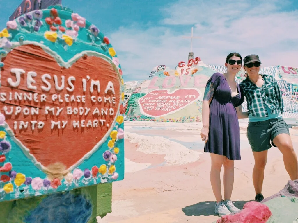 Salvation Mountain. google this, the guy who made it spent 28 years of his life creating it and just recently passed away. I think the guy looking after it was trying to tell us something with this photo he insisted on taking of me and our wonderful host Natalie.
