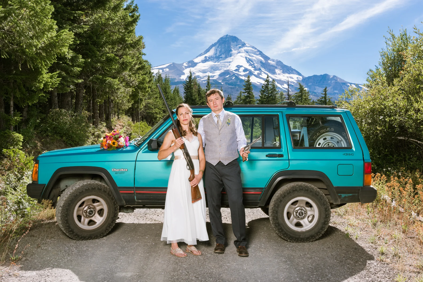 This was a shot at Danny & Emily’s wedding back in 2017. I’m pretty selective about the weddings I take on. I had never planned to shoot weddings, rather I fell into them unexpected when friends started asking me to shoot their big day, knowing my style would be different than many other photographers out there. I’ll have to admit, sometimes I’m jealous of photographers that show up to a shoot with just there camera and use natural light but that’s not me. I show up with an 80lb+ bag of lights and toys and it’s usually my bold and dramatic lighting style mixed with fun portraits that gets me hired. Which means, when Danny and Emily showed me a painting at a bar that they wanted to recreate, I knew we were going to be a perfect match and our recreating turned out amazing!
