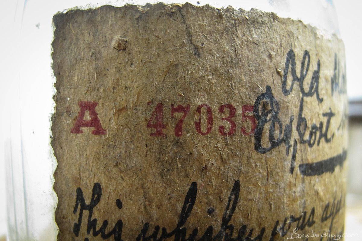 A browned and dirty label. And apparently a batch number? Bottle Number?