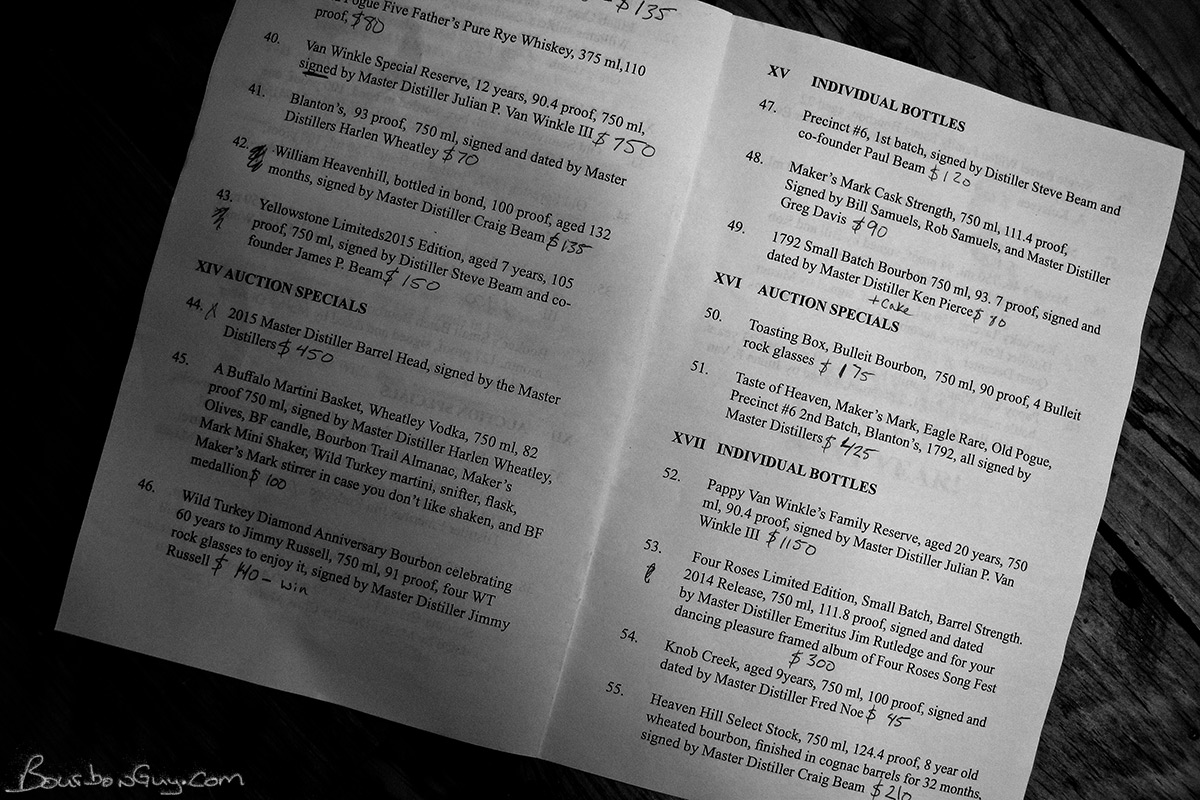 Inner page of the Master Distiller's Auction with my notes.