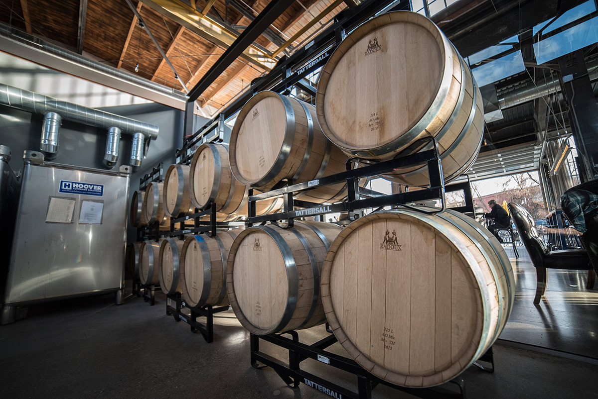 Barrels aging at Tattersall Distilling. (Photo Credits: Producer: Sam Kovar. Photographer: Tom Okins.)