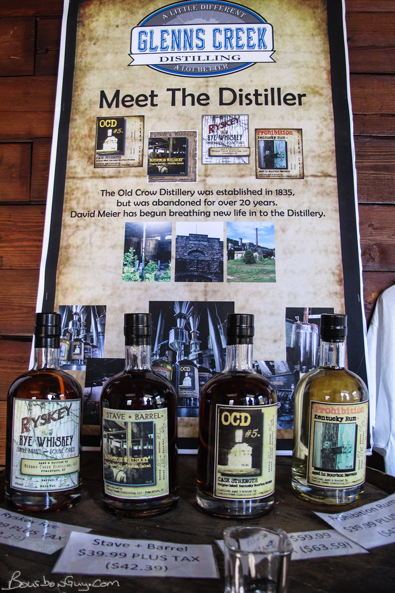 The Glenn's Creek Product Line Up. A rye whiskey, a sourced bourbon, a bourbon distilled on site and a rum distilled on site.