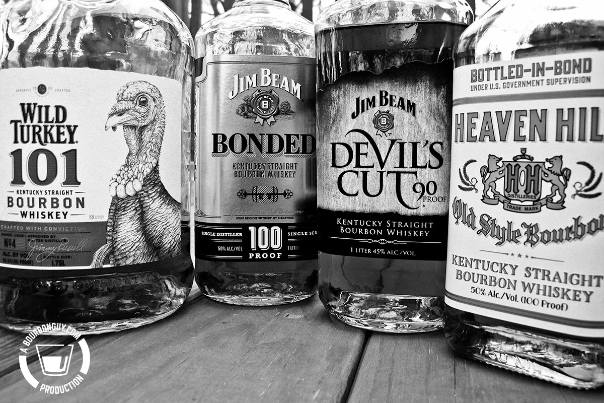 Wild Turkey 101, Jim Beam Bonded, Jim Beam Devil's Cut, and Heaven Hill Bottled in Bond