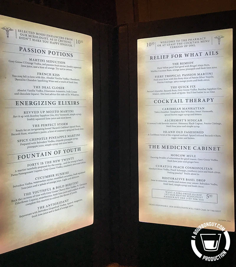 The backlit Alchemy Bar menu
