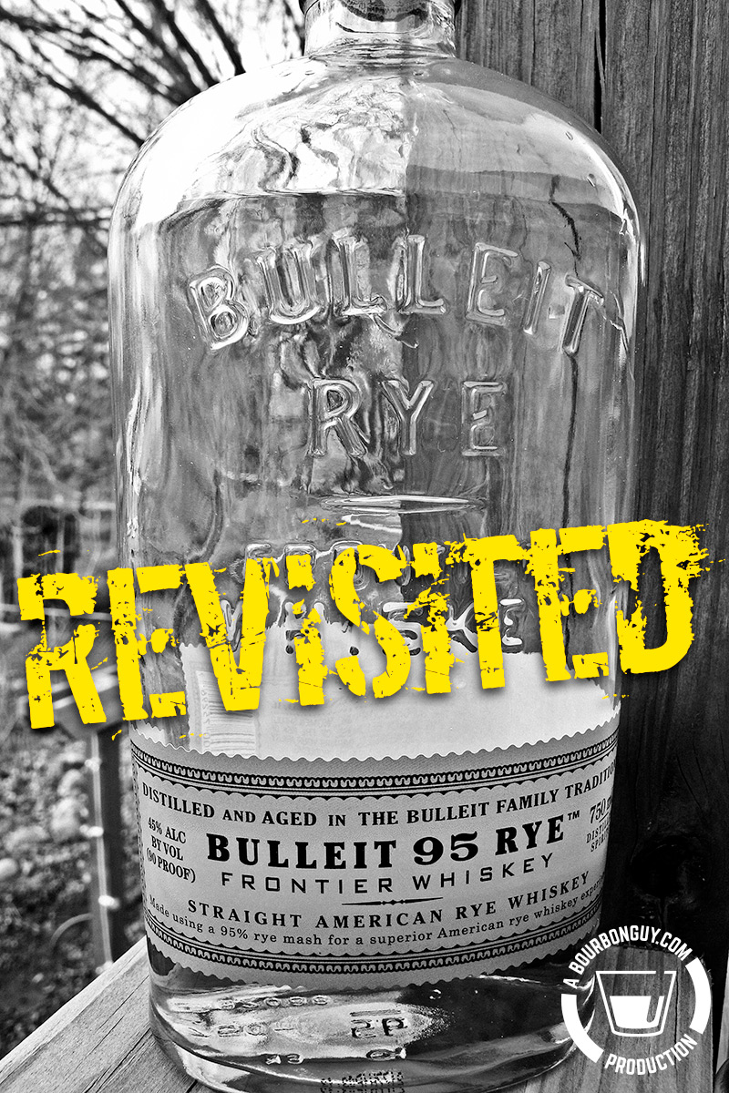 Image: A bottle of Bulleit rye with the word "Revisited" over it.