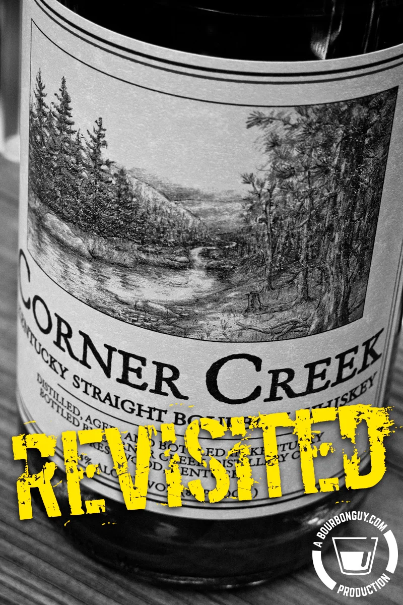 IMAGE: The label of Corner Creek Bourbon, which features an engraving of a stream running through hills and trees. Superimposed over the image is the word "Revisited."