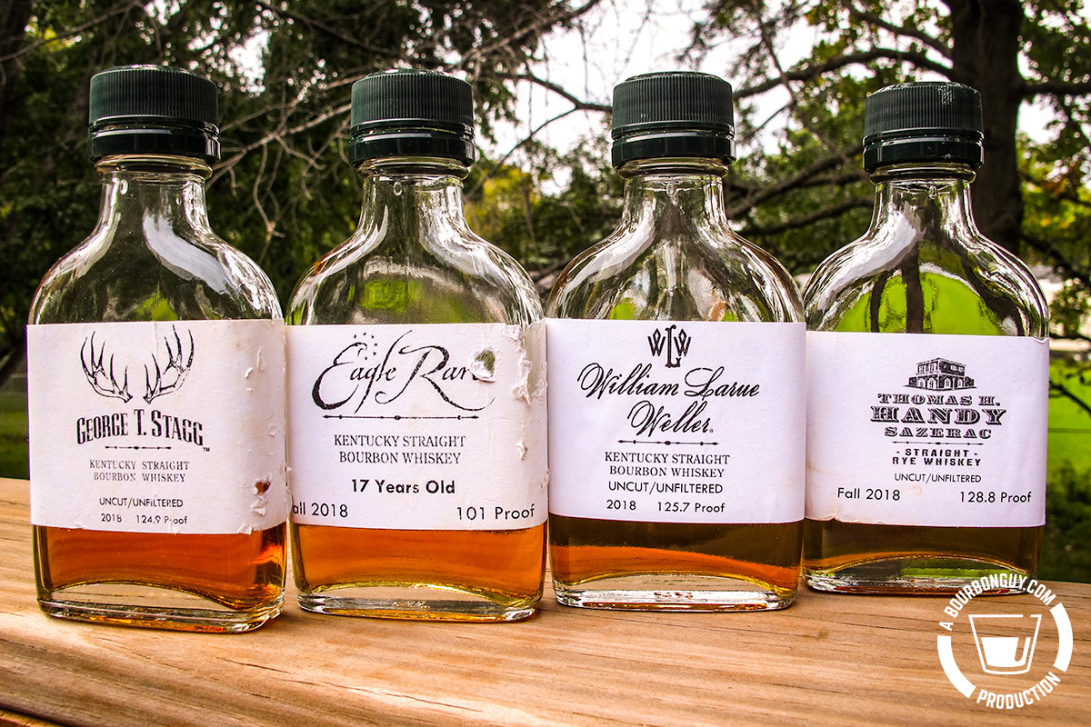 IMAGE: The surviving collection of sample bottles of the 2018 Buffalo Trace Antique Collection. Included in color to show the relative colors of each whiskey. Each bottle is as described above.