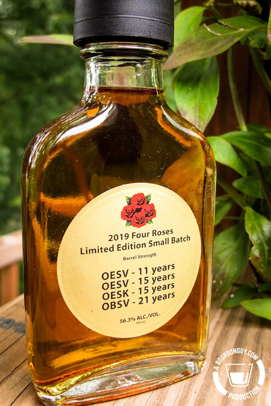 IMAGE: 100 mL sample bottle of the 2019 Four Roses Limited Edition Small Batch. Copy on the label states that it is Barrel Strength and is made up of four bourbons (OESV - 11 year old, OESV - 15 year old, OESK - 15 years old and OBSV - 21 years old.).