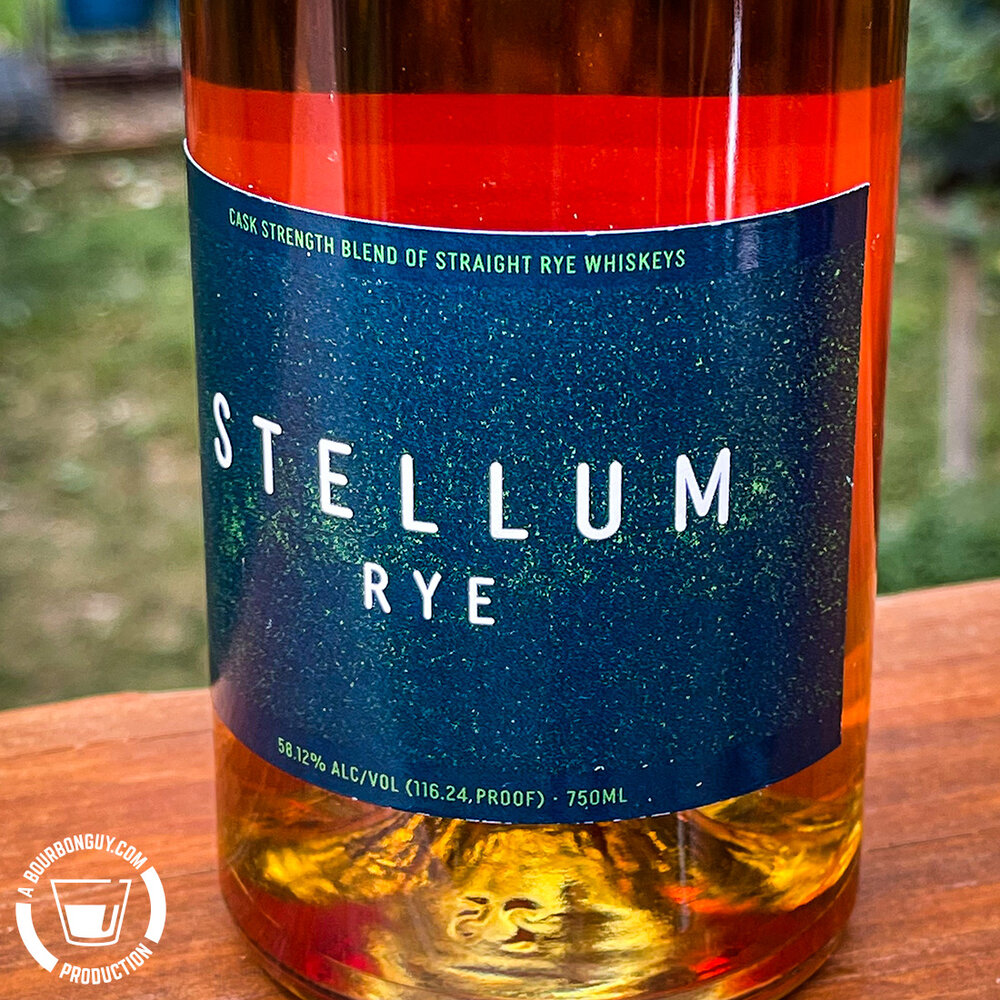 IMAGE: The green and blue, star-studded label of Stellum Rye Whiskey. 116.24° proof.