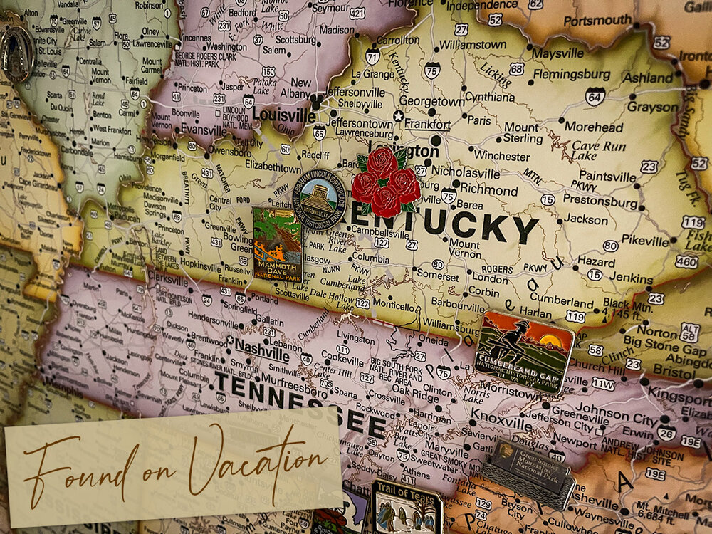 IMAGE: A map with collectable lapel pins in it focusing on the states of Kentucky and Tennessee