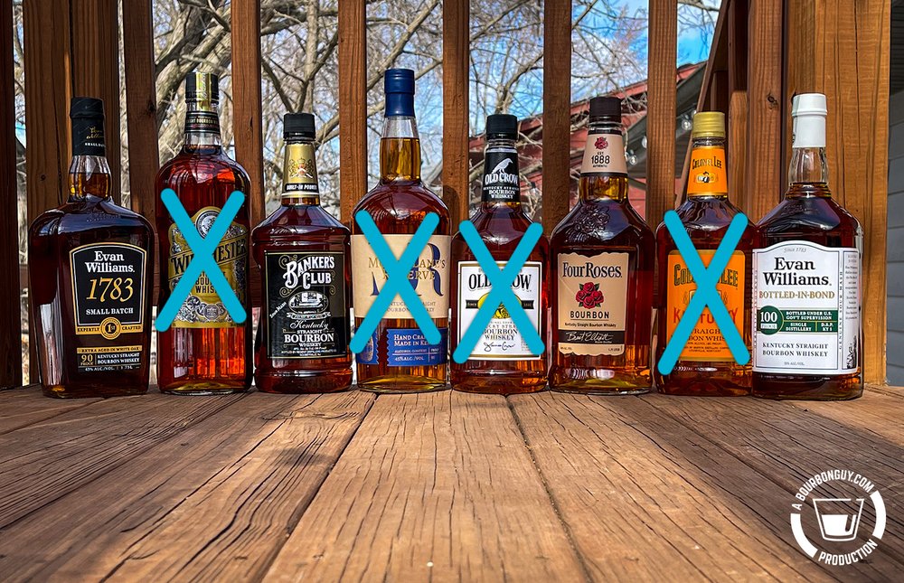 IMAGE: 1.75 L bottles of Evan Williams 1783, Winchester, Banker's Club, McFarlane's Reserve, Old Crow, Four Roses, Colonel Lee & Evan Williams Bottled in Bond. Winchester, McFarlane's Reserve, Old Crow & Colonel Lee have large Xs over them.