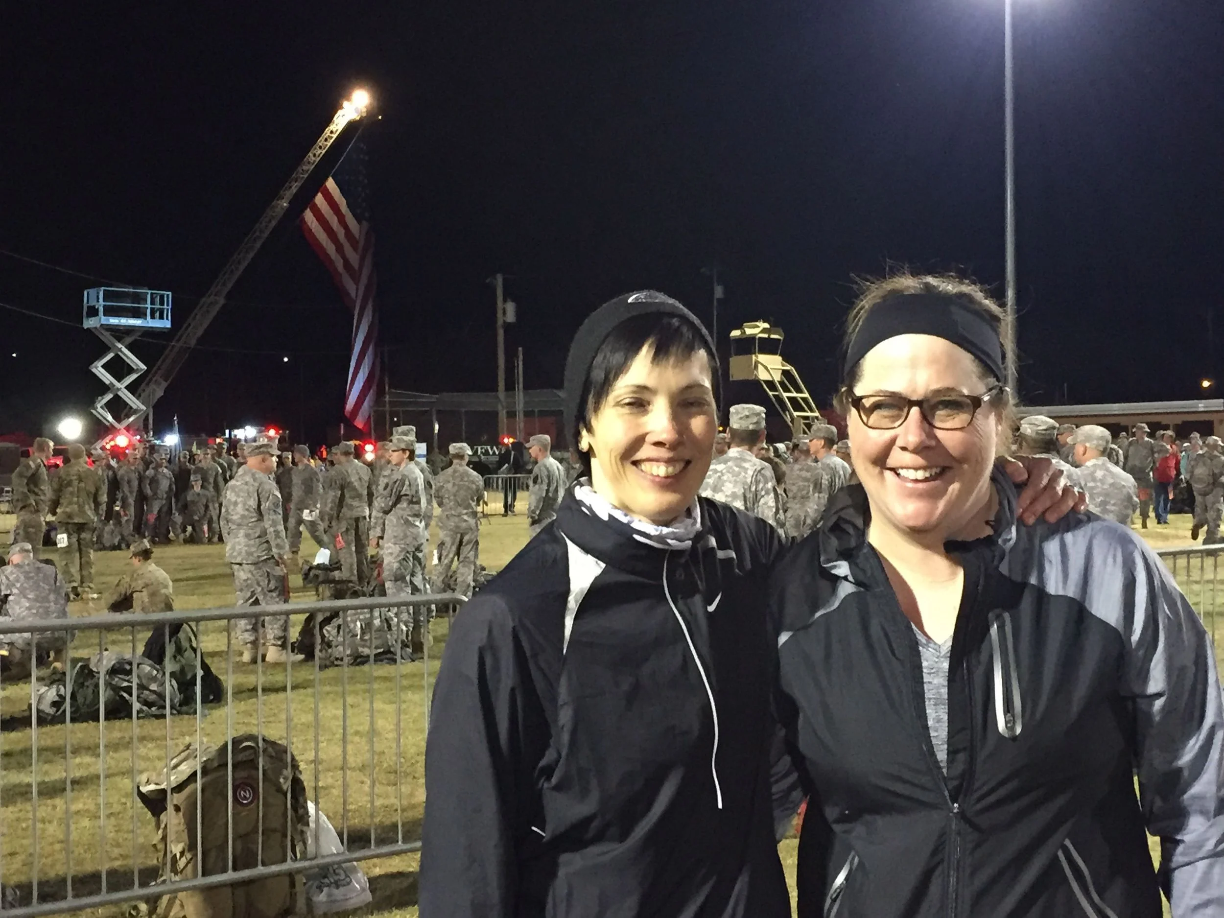 Me and Sue awaiting the opening ceremony. The big flag marks the starting line.