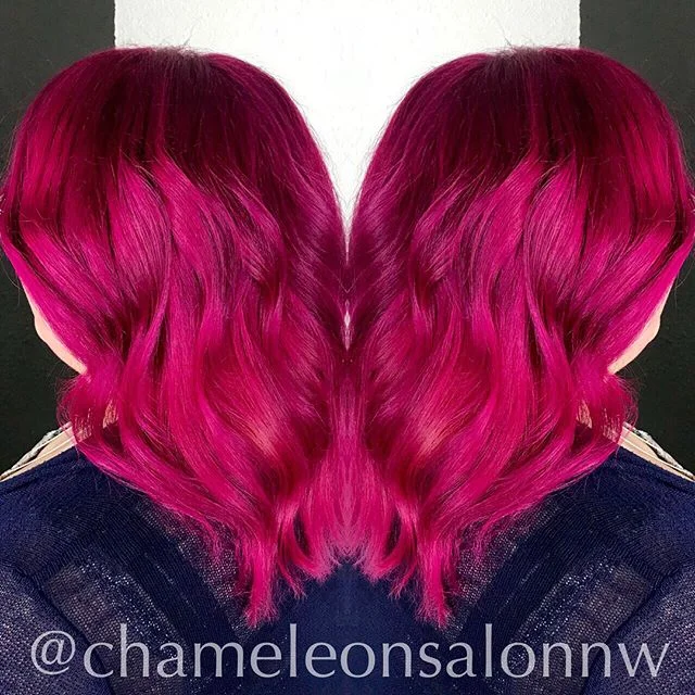 💖We’ve had fun painting hair pretty shades of pink this week! Magenta waves by Madelyn. Sleek Barbie Pink locks by Nicole. 💖