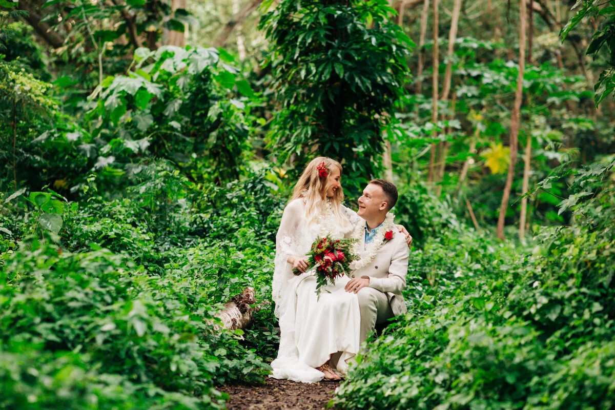 Just Eloped Couple surrounded by trees, Kawela Bay