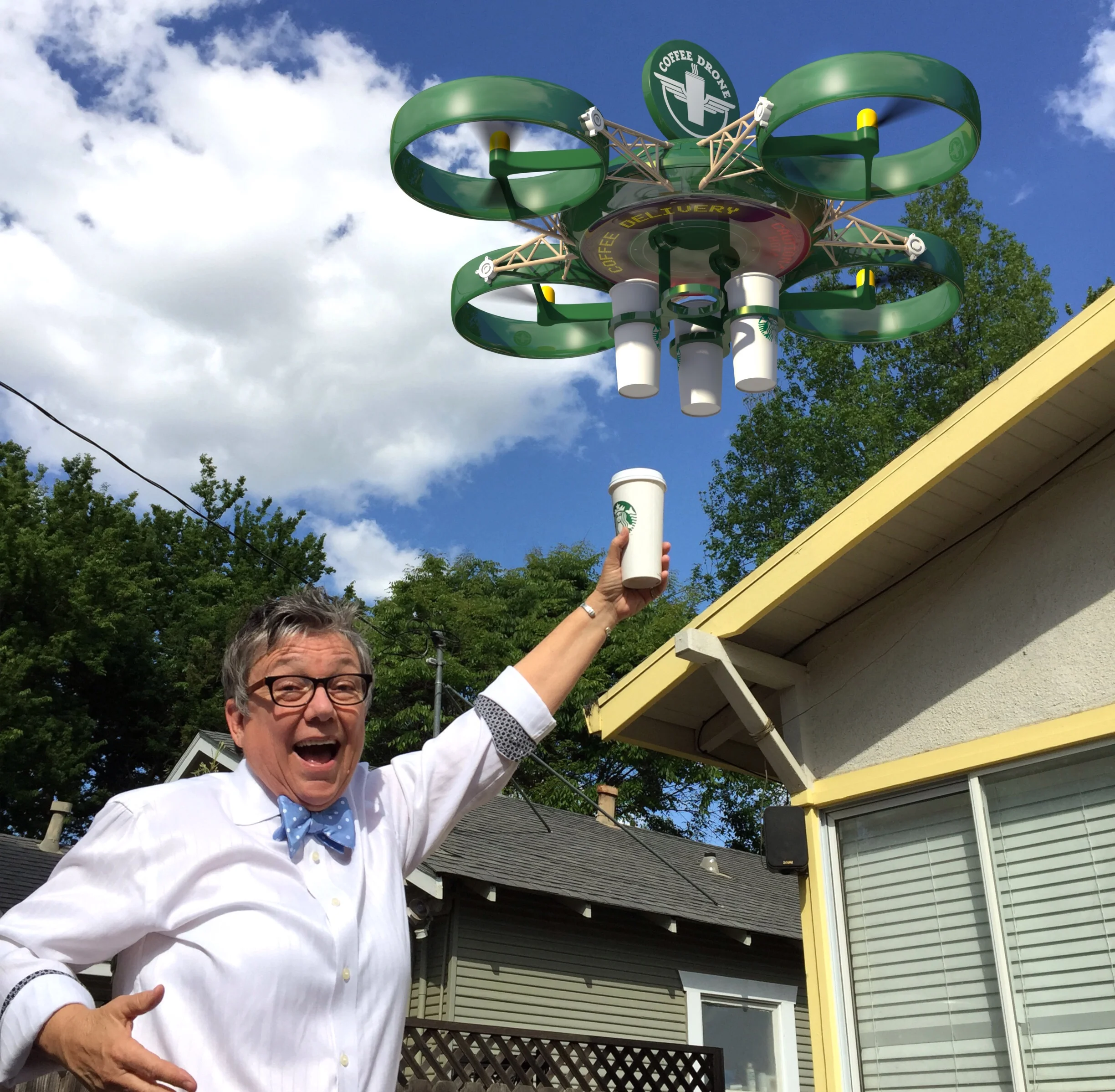 Boss Tina of Uptown Studios takes delivery from Sacramento's very first Coffee Drone.