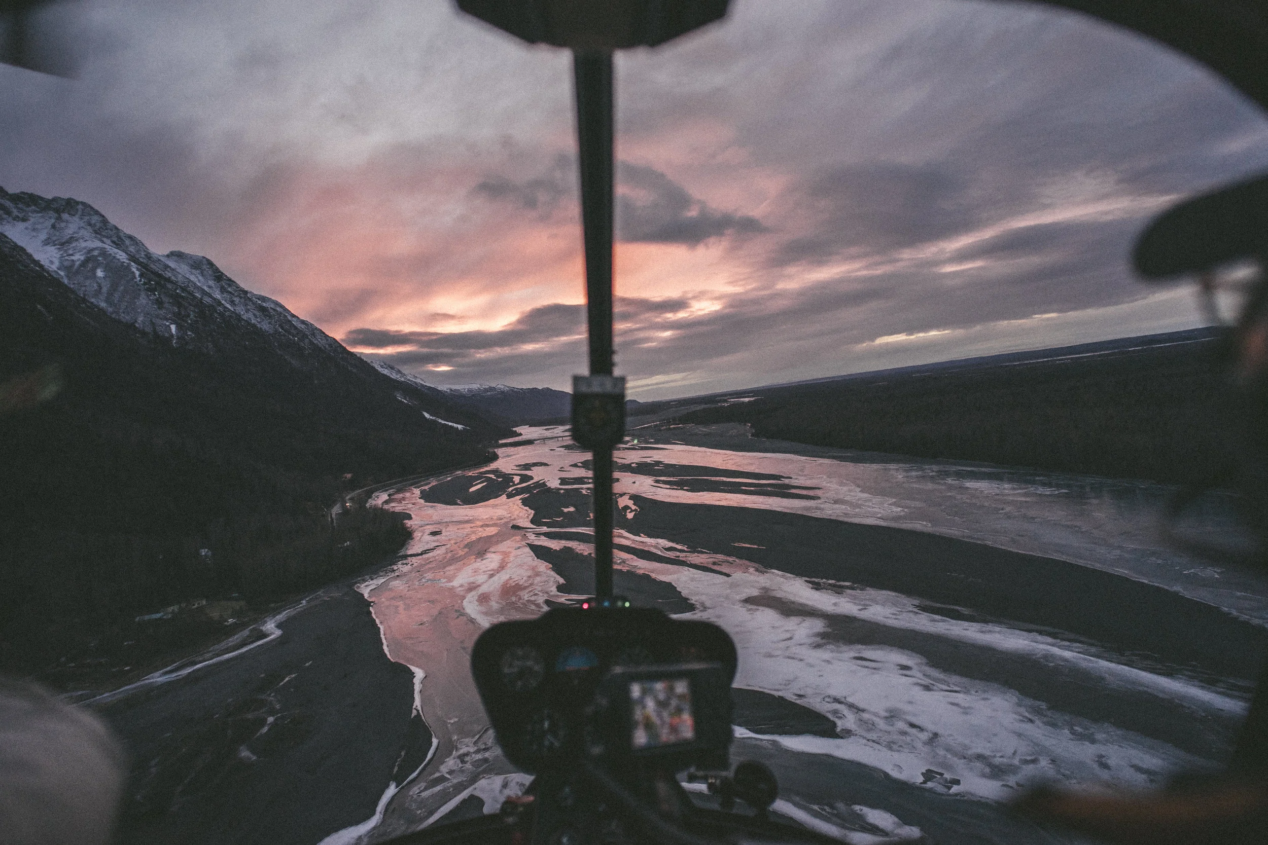 02.08.2016 // took my first helicopter ride, landed on colony glacier and fly into a gnarly alaskan sunset.