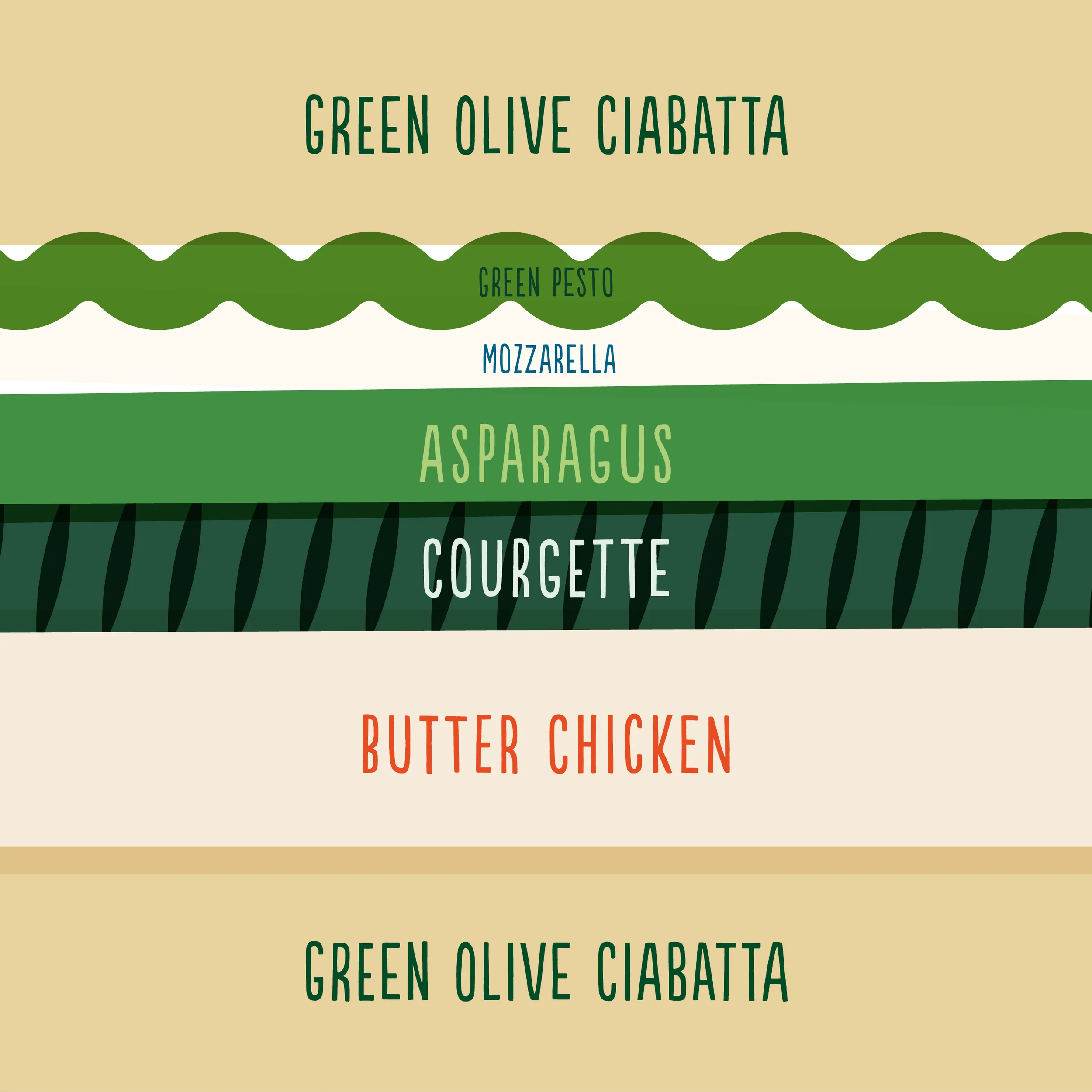 Rotisserie butter chicken, grilled courgette, asparagus, mozzarella and pesto