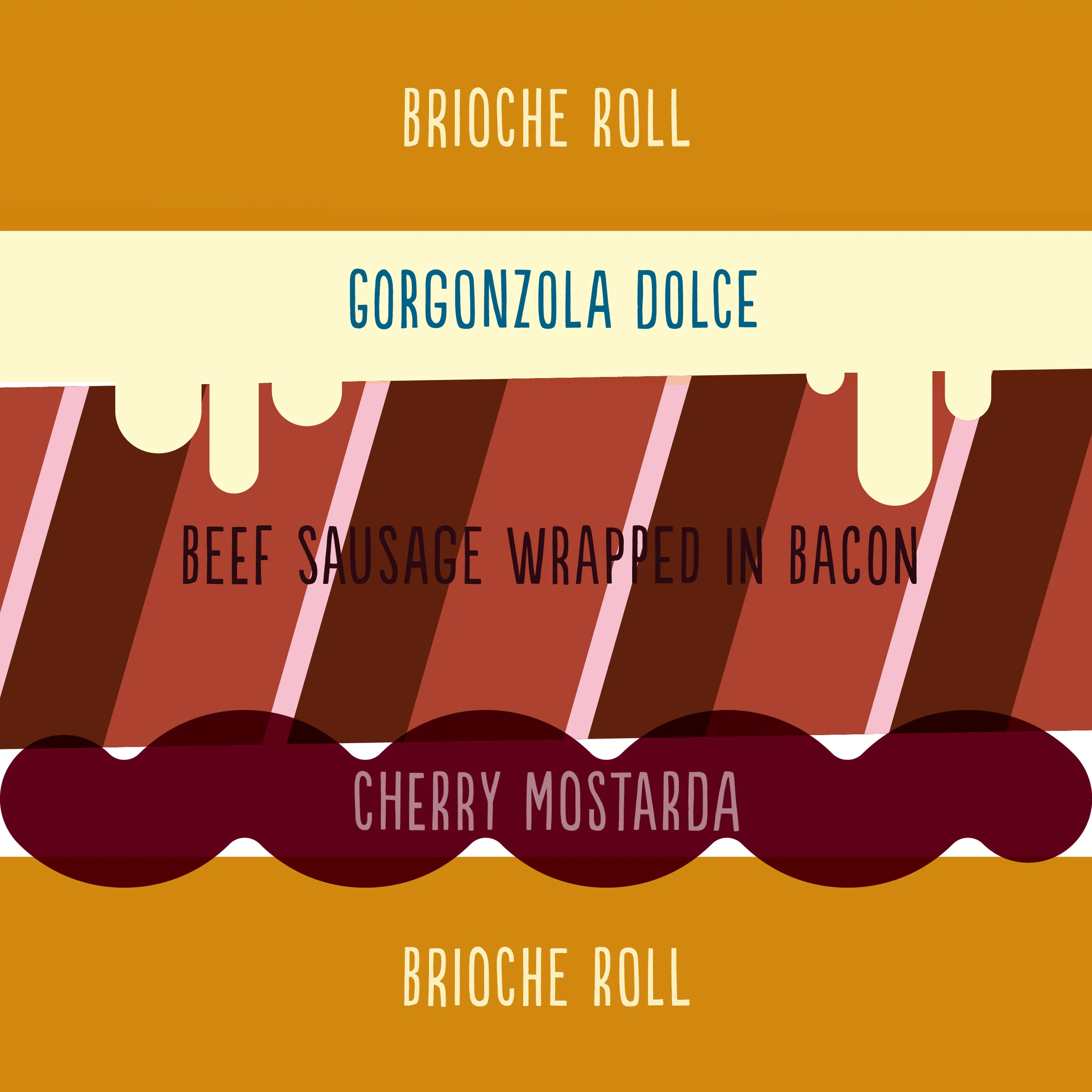 Beef hot dog wrapped in bacon with Gorgonzola and cherry mostarda