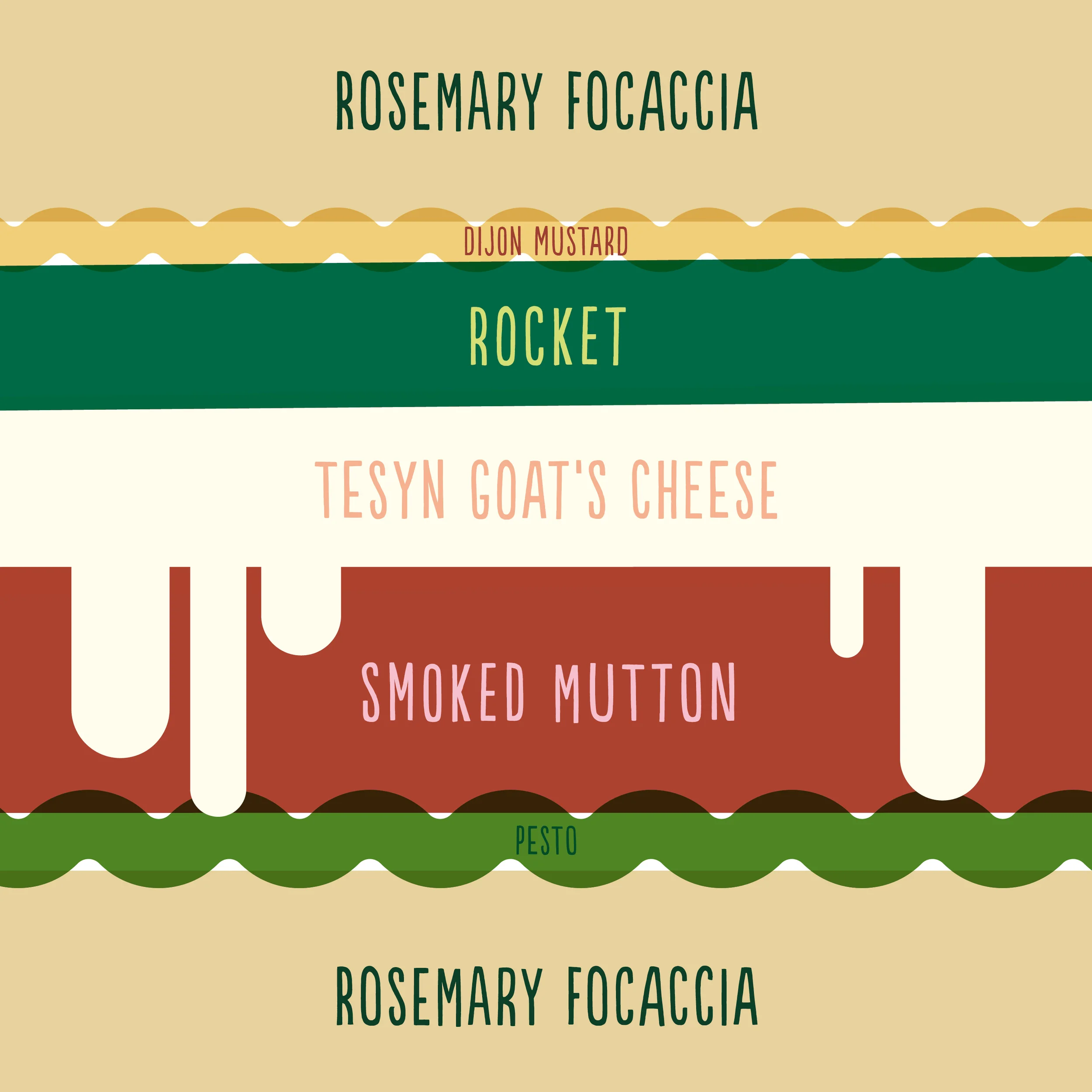 Smoked mutton, goat's milk cheese, pesto and rocket toastie