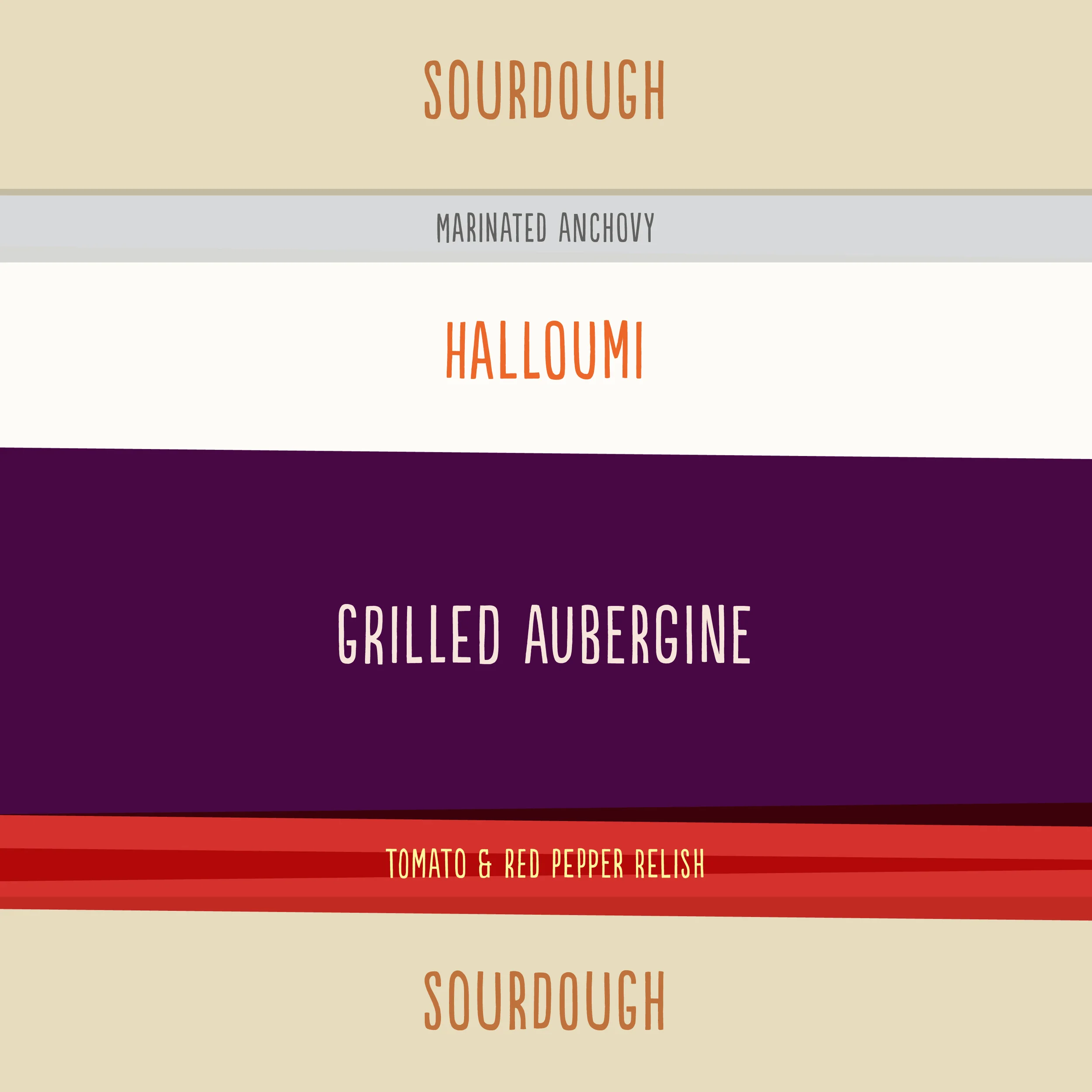 Grilled aubergine, halloumi and marinated anchovy with tomato & red pepper relish