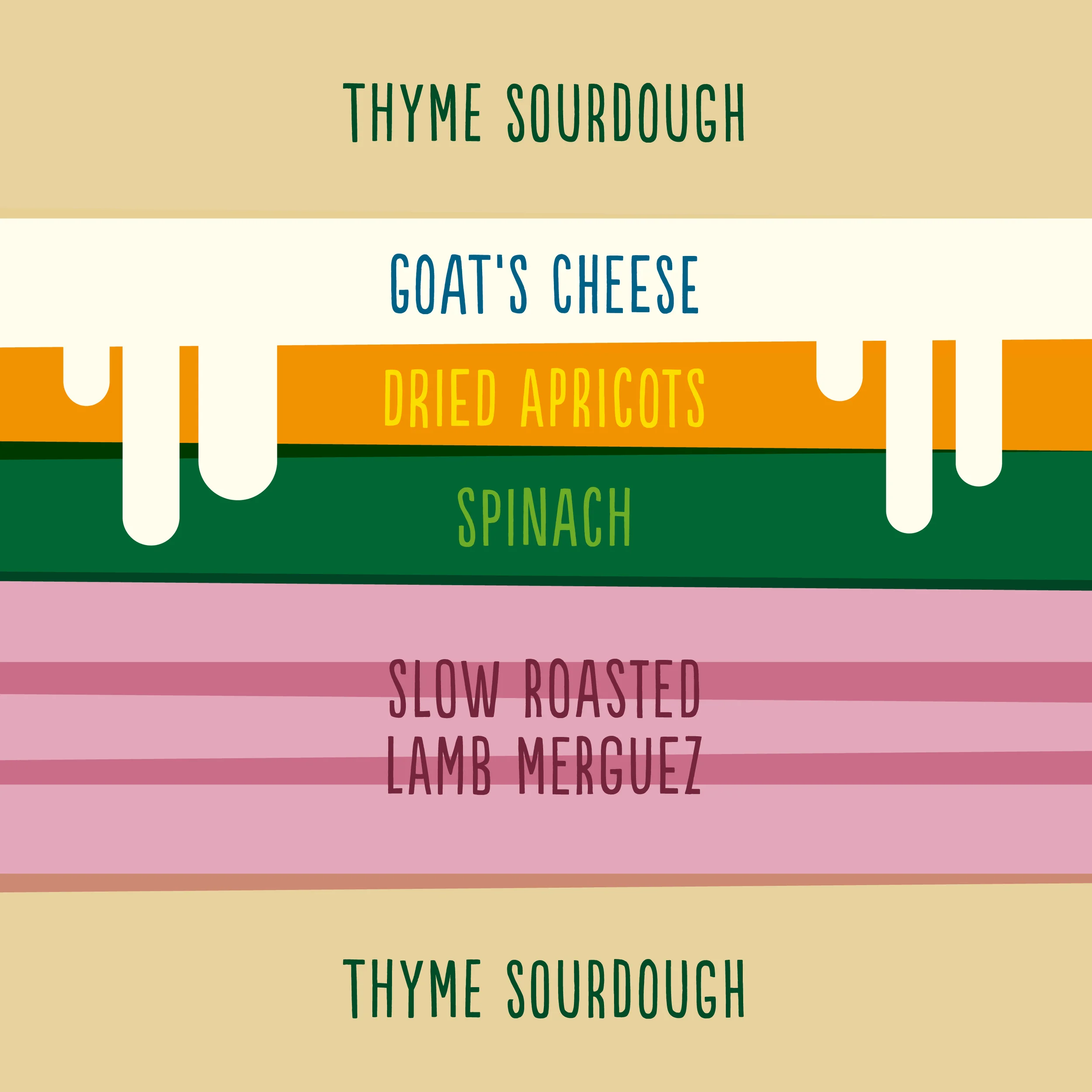 Slow roasted lamb merguez, spinach, dried apricots and goat's cheese