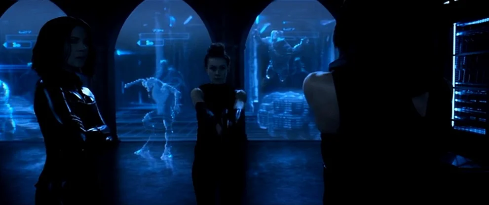 You could easily mistake this holographic shooting gallery as being under the sea with this color pallete.