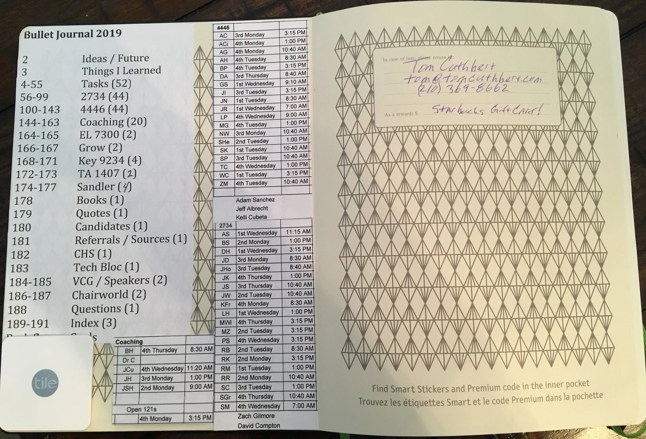 I list the index on left, Tile below (so I don’t lose it!) and member and coaching client 121 schedule on right.