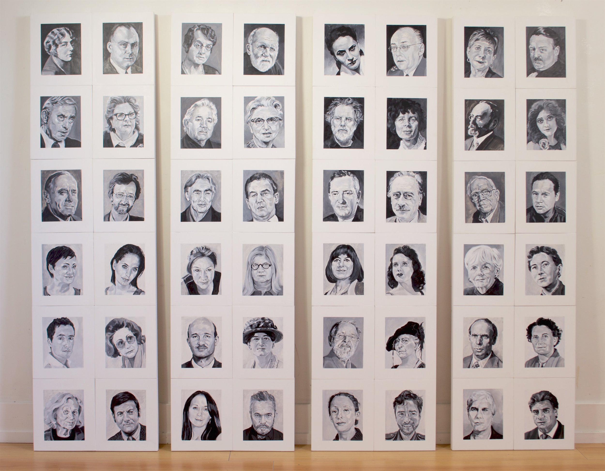 48 Portraits (Panels A-D), Acrylic on Mylar on Wood Panel, 2016, 60" x 17"