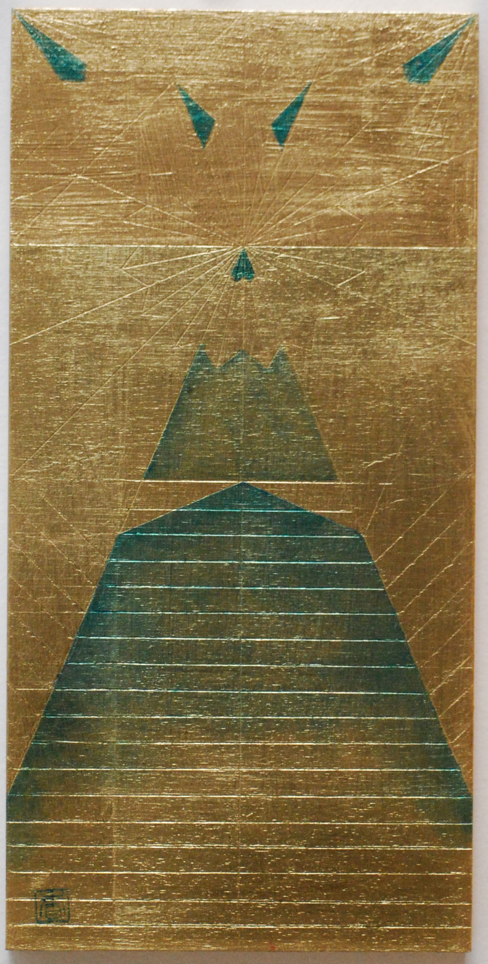 Peace Study IV, 2016, Oil and patina on gold-leafed panel, 12” x 6”