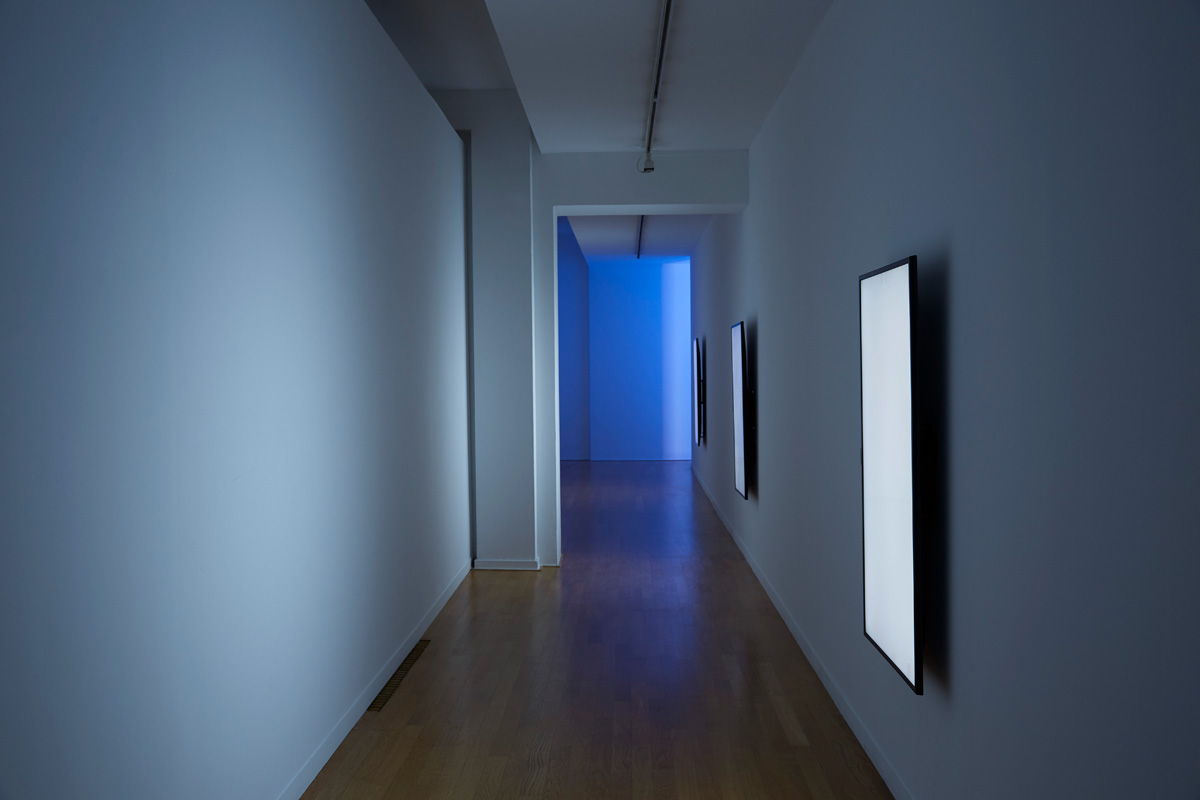 //// HALLWAY - The screens having been coded to output specific frequencies. If you sit, eyes closed, very close to the display, your sensitivity to certain frequencies will induce a visual hallucination. This appears as shape, colour and geometry, that shifts depending on the angle and distance of your face to the light