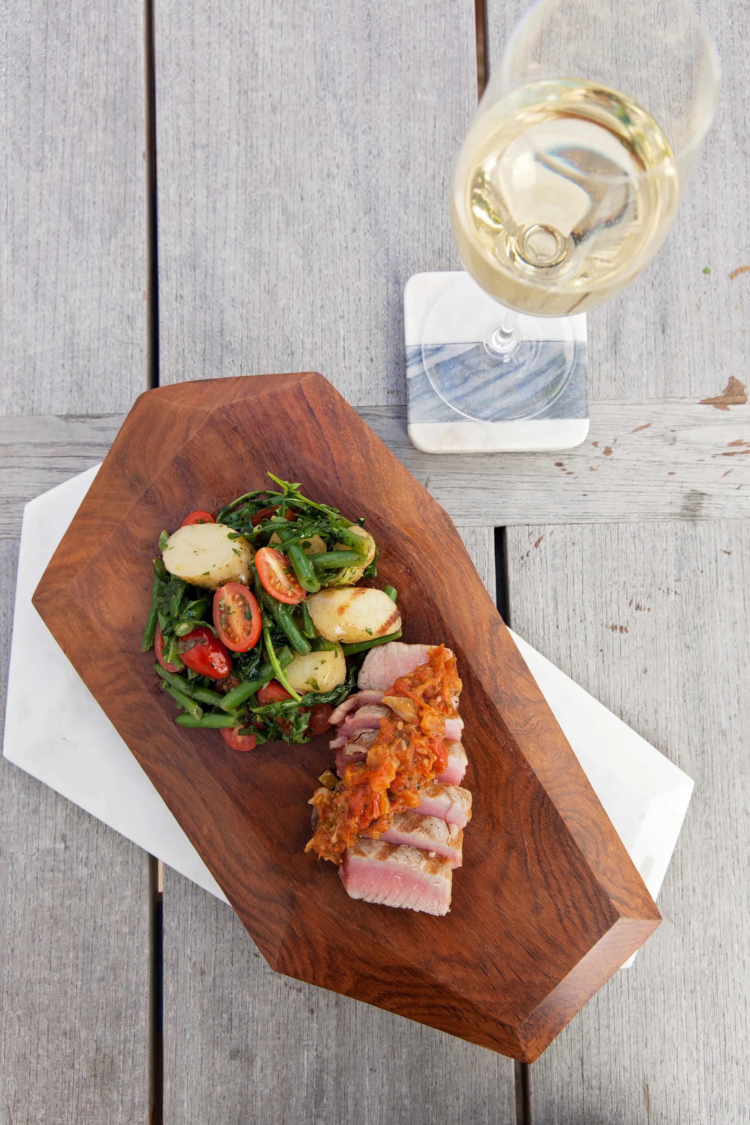 Grilled Yellowfin Tuna with Green Bean, Baby Potato and Artichoke-Tomato Relish