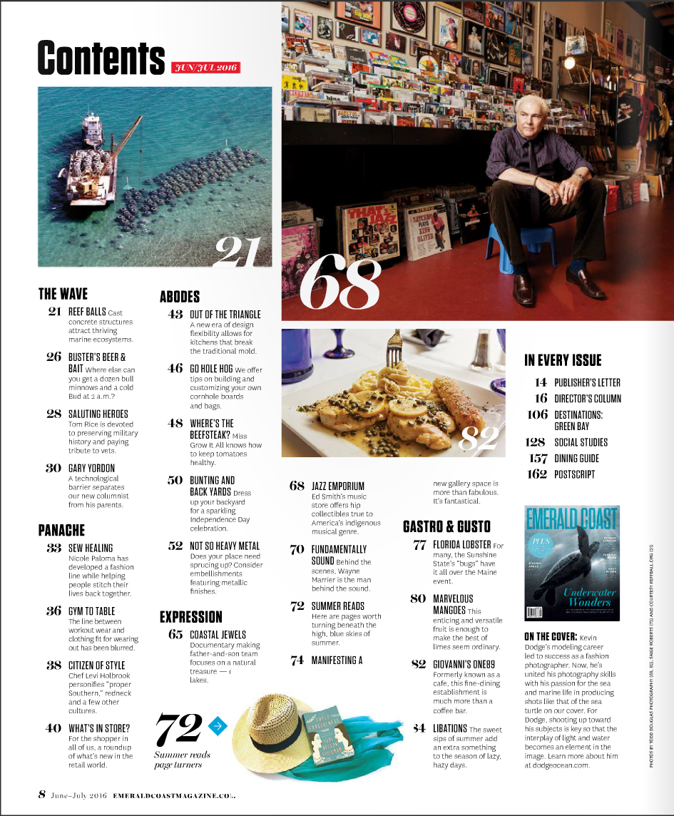 Table of Contents shot of Ed Smith at his Downtown Fort Walton Beach, Florida Jazz Shop.