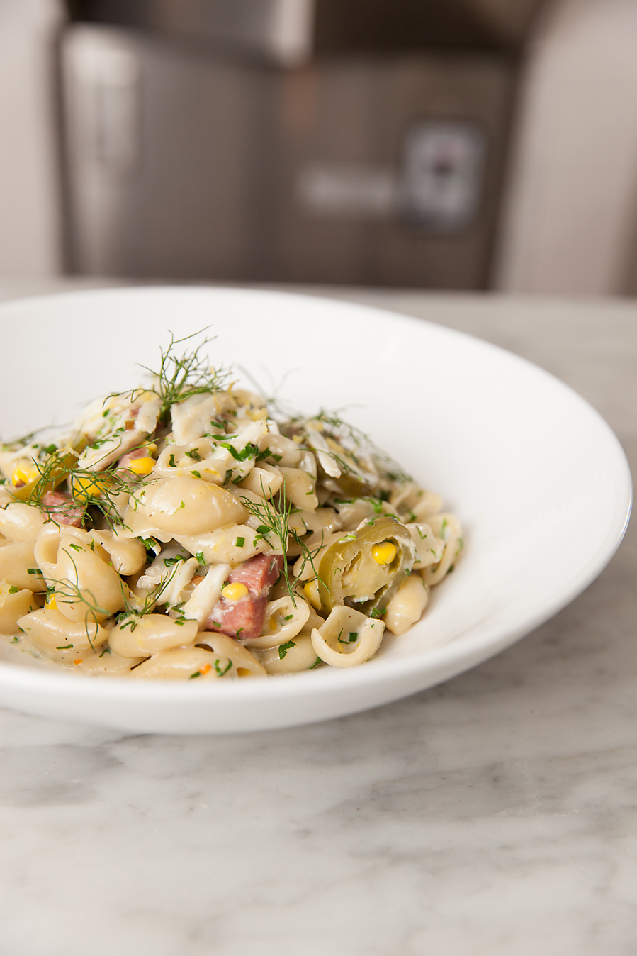 Orrecchiette with Jumbo Lump Crab, Jalepeno, Corn and Fennel from Bud and Alley's Pizza Bar in Seaside, Florida.