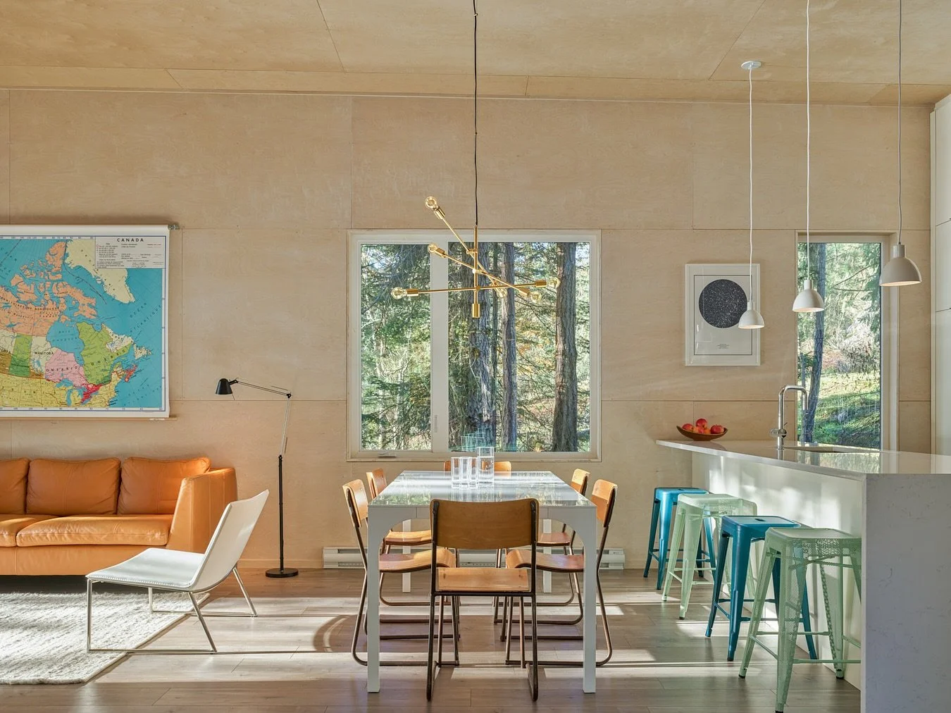 The sun is shining but the air is cool. Autumn rolls near!

In the efforts to keep cost down, many of the Forest Cabin&rsquo;s furnishings were sourced second hand. The wooden chairs used at the dining table were once church chairs. The large wall ma