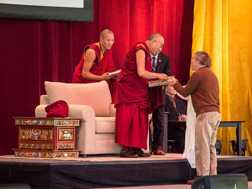Peter Hatch presents A Rich Spot of Earth and garden seeds to Dalai Lama, Charlottesville Pavilion, October 11, 2012.