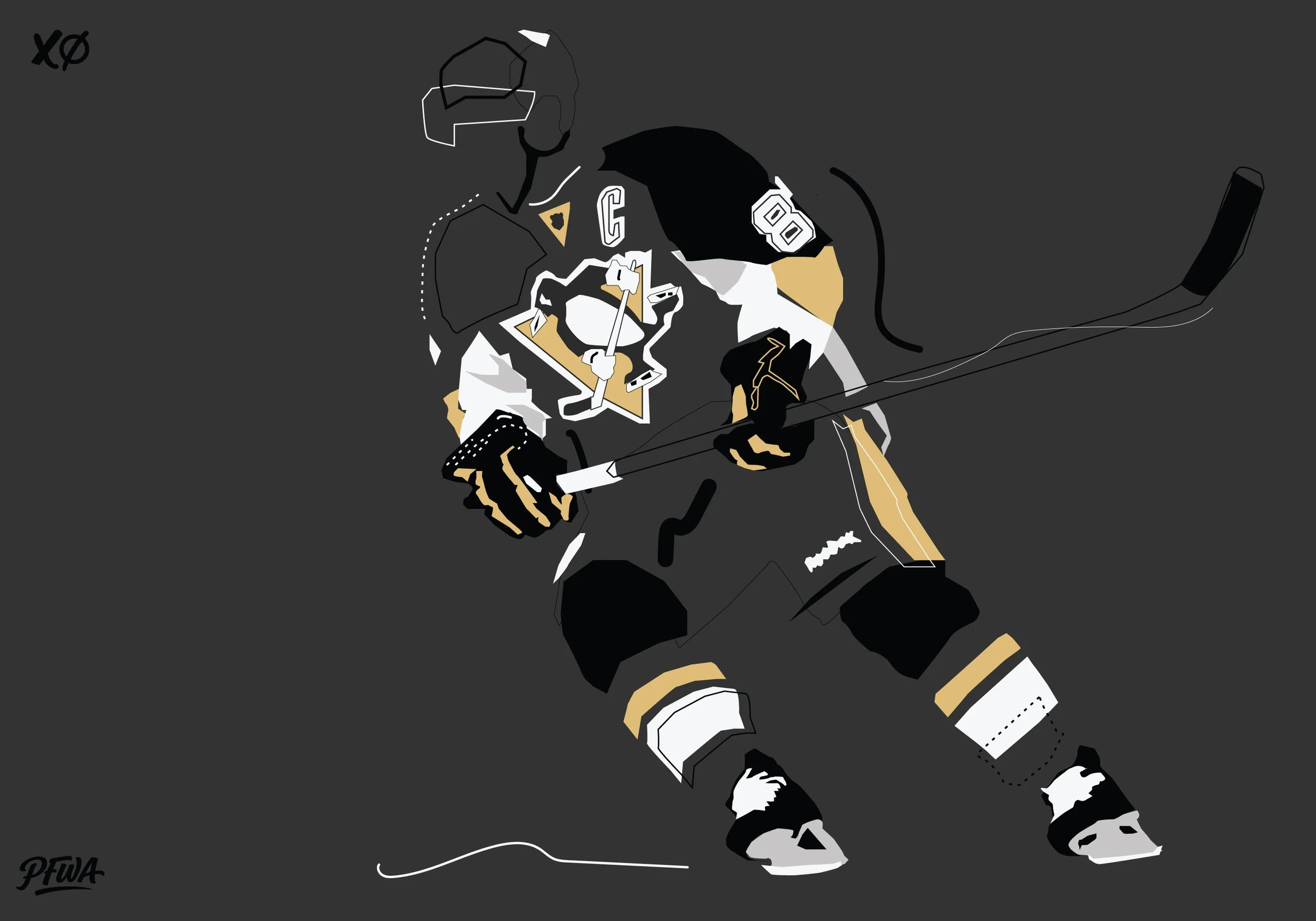 Modern Sidney Crosby illustration by Kyle Mosher featuring the Pittsburgh Penguins captain in a bold minimalist graphic style.