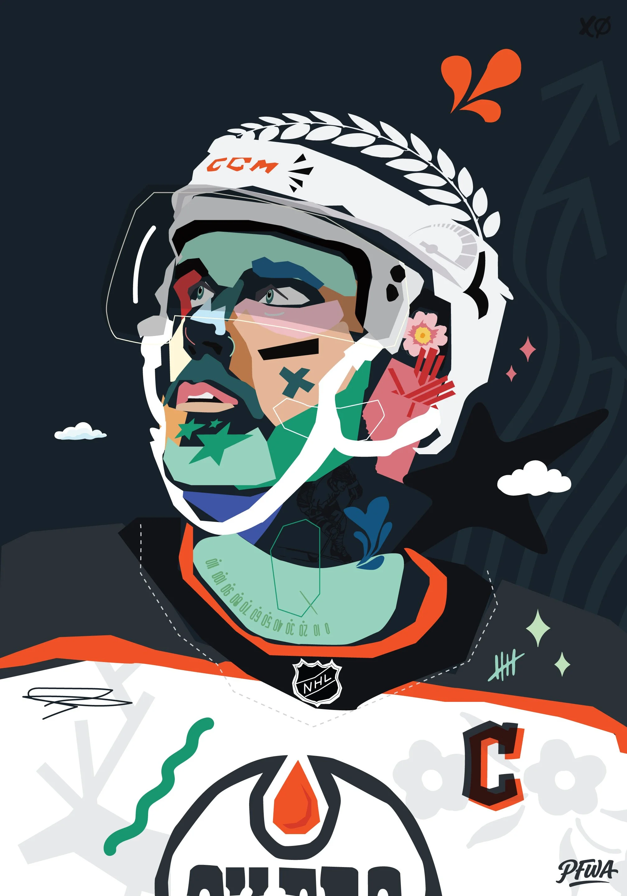 Connor McDavid editorial sports illustration by Kyle Mosher featuring a deconstructed portrait with Edmonton Oilers, Alberta and Canadian hockey references.