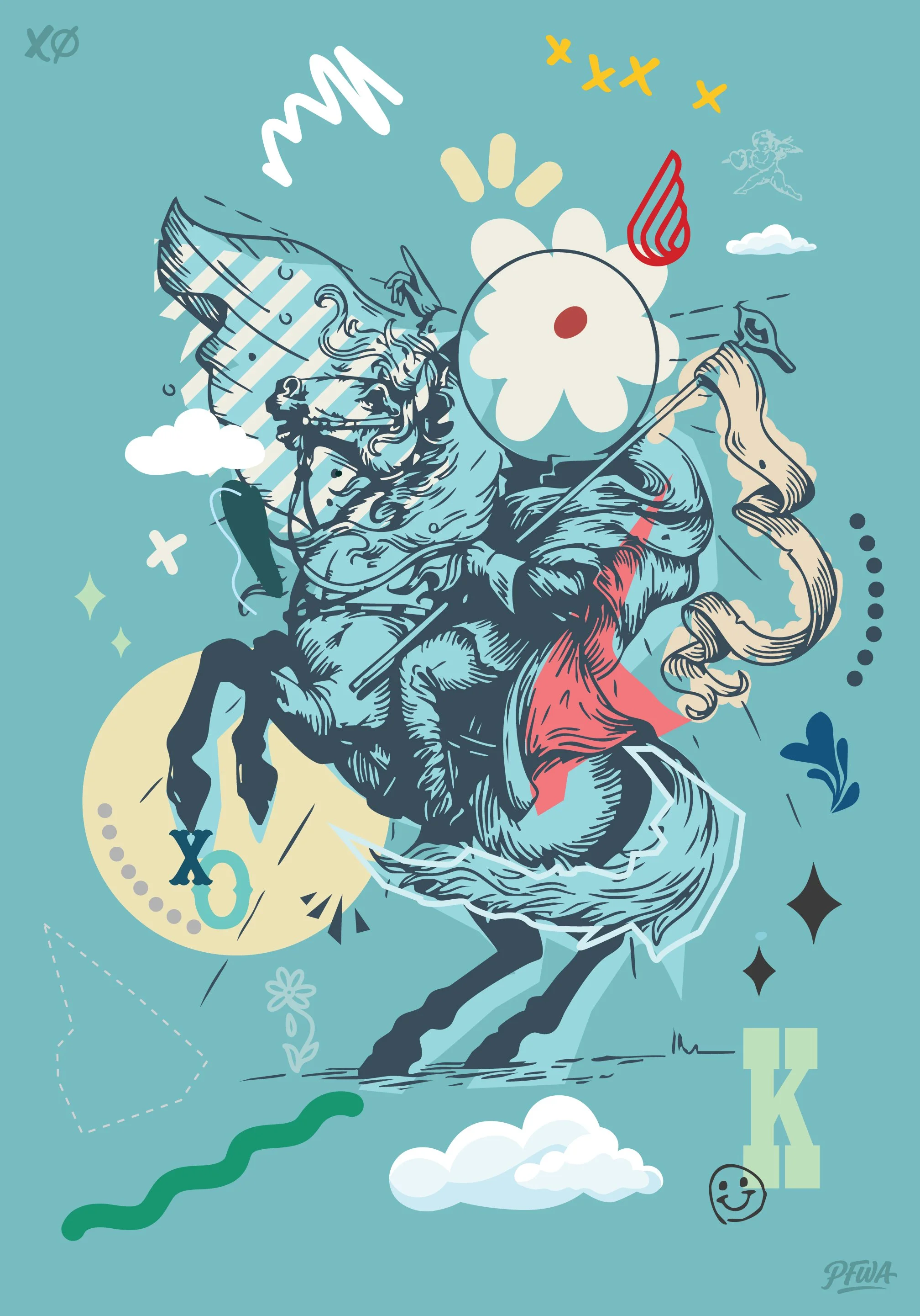 Reckless Optimism by Kyle Mosher, a contemporary horse illustration featuring classical engraving, graphic abstraction, florals, geometric shapes, and modern color blocking.